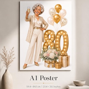 May include: An A1 poster measuring 23.4 by 33.1 inches featuring an illustration of a person with gray hair wearing a cream suit and holding a champagne glass. Beside them are gold balloons, a light-up number 80, and gift boxes with flowers.