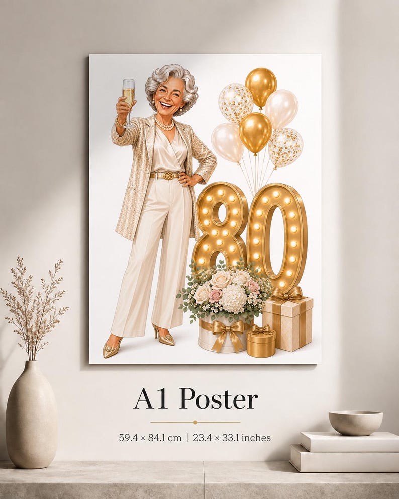 May include: An A1 poster measuring 23.4 by 33.1 inches featuring an illustration of a person with gray hair wearing a cream suit and holding a champagne glass. Beside them are gold balloons, a light-up number 80, and gift boxes with flowers.