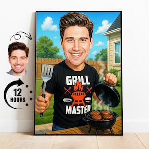 Funny BBQ Gift for Dad, Custom Grill Master Caricature from Photo, Personalized Barbecue Cartoon, Backyard BBQ Wall Decoration