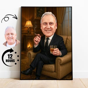 Caricatura personalizada de papá a partir de una foto, regalo divertido de jubilación para él, retrato de dibujos animados personalizado con whisky y cigarro, regalos para el Día del Padre