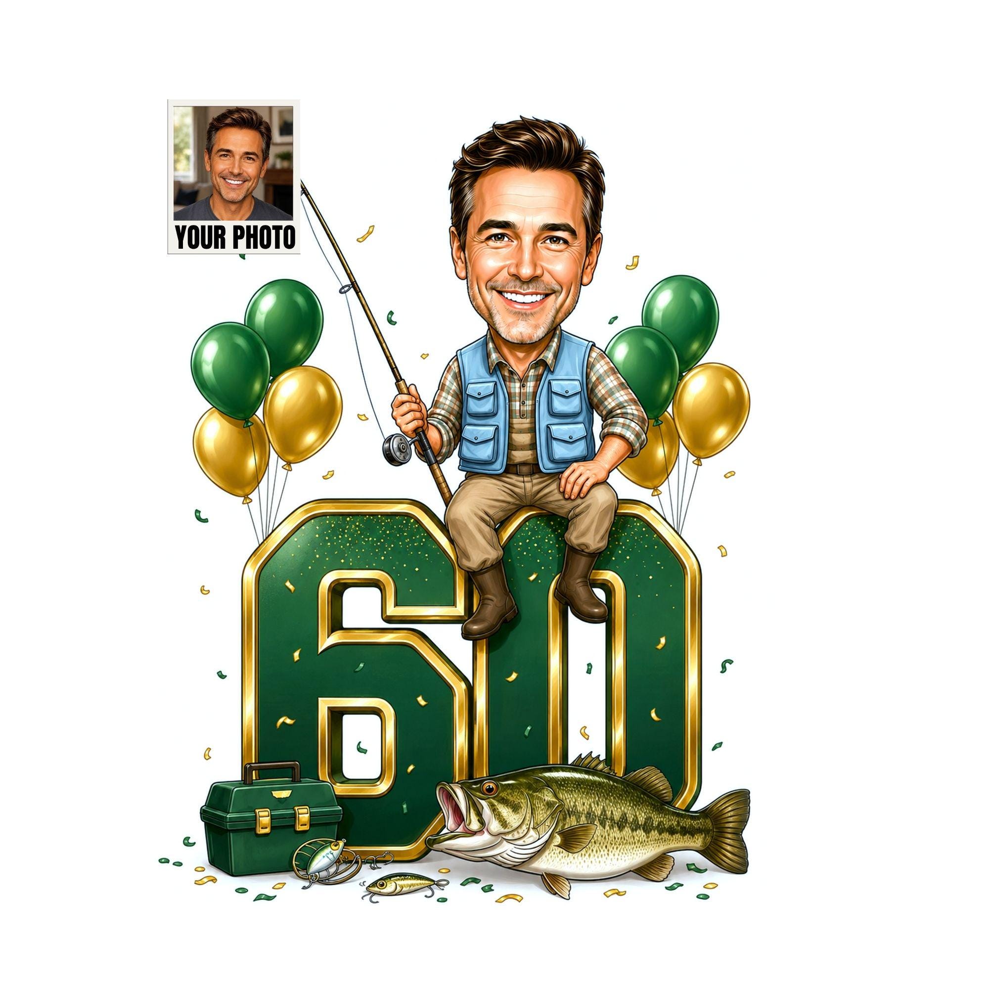 60th Birthday Fishing Cartoon Portrait for Him from photo