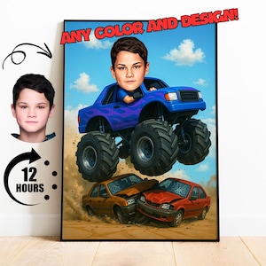 Monstertruck Cartoon Portrait, Monstertruck Geschenk, individuelle Monstertruck Karikatur vom Foto, Geschenk für Monstertruck-Fan