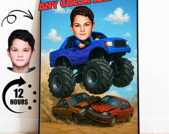 Monster Truck Cartoon Portrait, Monster Truck Gift, Custom Monster Truck Caricature from photo, Gift for Monster Truck Fan