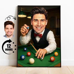 Cadeau pour joueur de billard, caricature de billard personnalisée à partir d'une photo, portrait sportif avec repère drôle, oeuvre d'art personnalisée de dessin animé de billard
