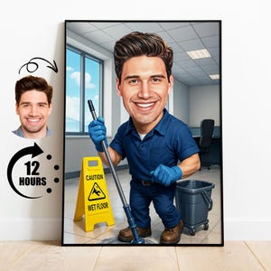 Regalo para conserje, caricatura divertida de conserje a partir de una foto, retrato personalizado de personal de limpieza, dibujo personalizado de conserje