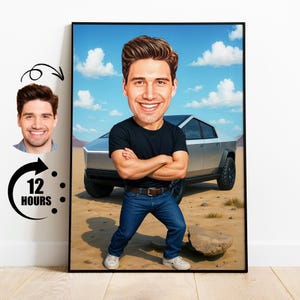 Regalo para el propietario de un Cybertruck, caricatura personalizada de Tesla a partir de una foto, retrato divertido del propietario de un vehículo eléctrico, dibujo personalizado de un Cybertruck.
