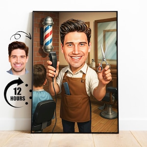 Gift for Barber, Custom Barber Caricature from Photo, Funny Hairdresser Portrait, Personalized Barbershop Cartoon Art for Him