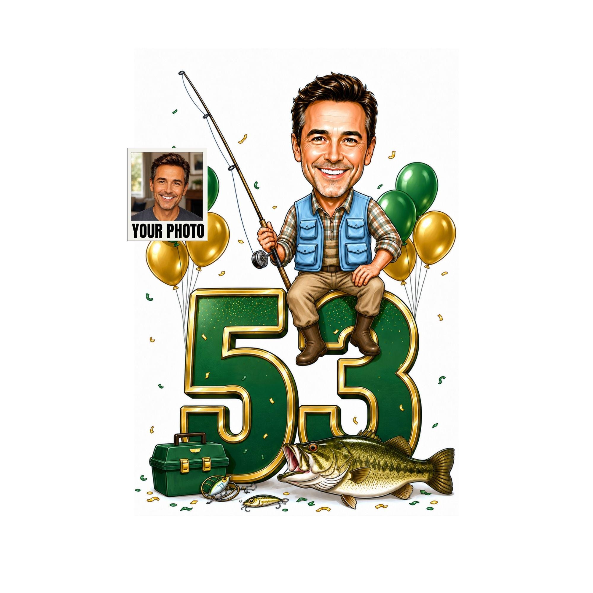 53rd Birthday Fishing Cartoon Portrait for Him from photo