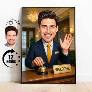 Geschenk für Hotelrezeptionistin, kundenspezifische Gastfreundschaftkarikatur vom Foto, lustiges Front-Desk-Porträt, personalisierte Hotelpersonal-Karikaturzeichnung