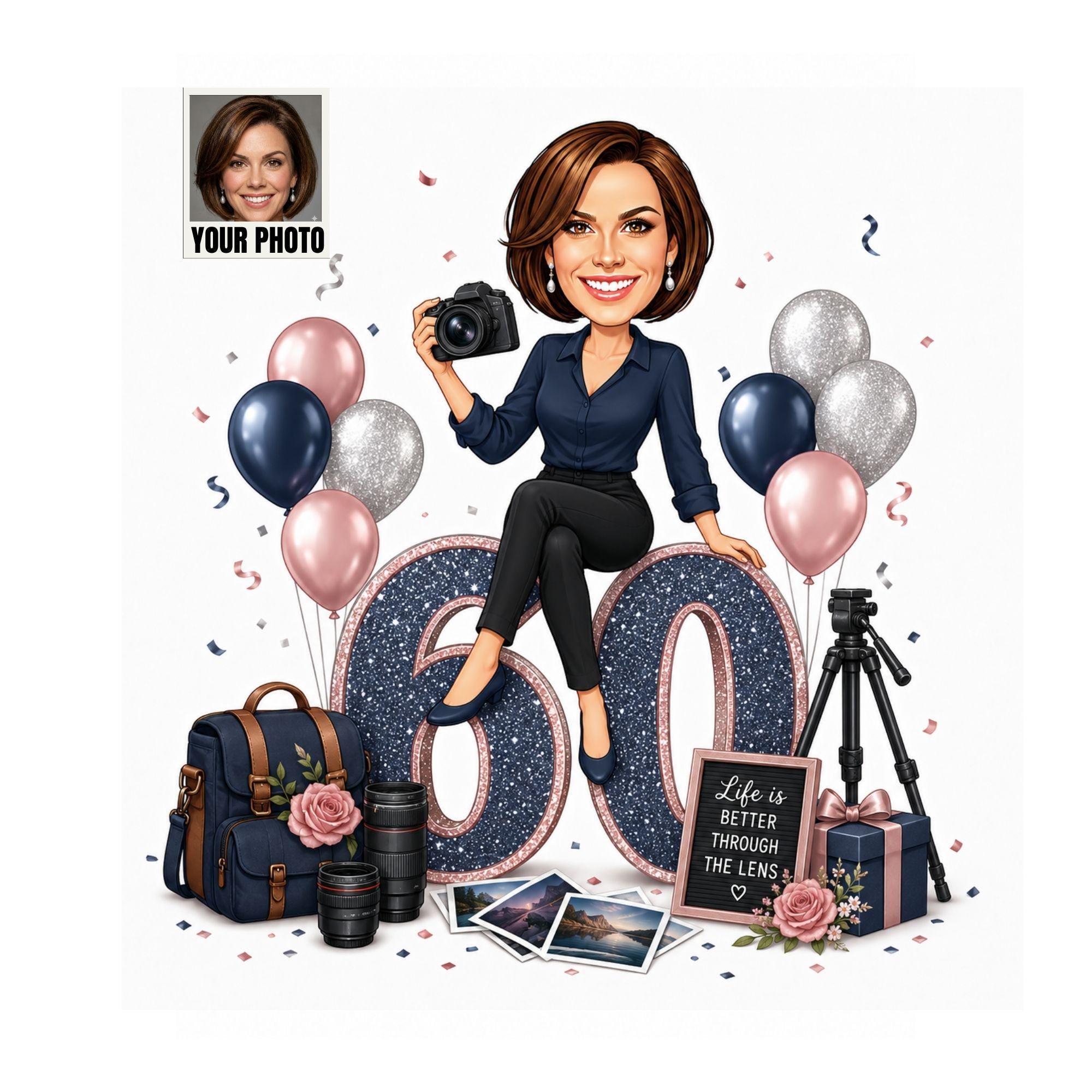 60th Birthday Photographer Cartoon Portrait for Her from photo