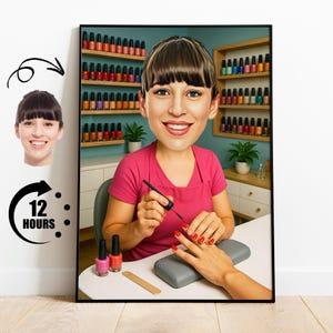 Regalo per onicotecnica, caricatura personalizzata di onicotecnica da foto, ritratto divertente di onicotecnica, disegno personalizzato di un salone di bellezza