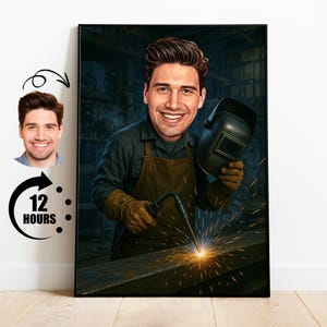 Portret spawacza z kreskówki, prezent spawalniczy, spersonalizowana karykatura spawacza ze zdjęcia, prezent dla metaloplastyka