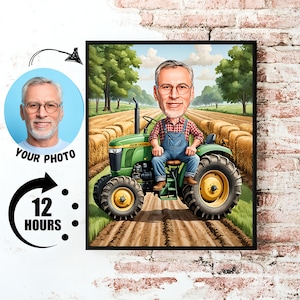 Geschenk für Landwirt, benutzerdefinierte Landwirtkarikatur vom Foto, lustige Landwirtvater-Geschenkideen, männliches Landwirt-Karikatur-Zeichnungsporträt mit Traktor