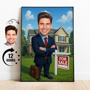 Portrait personnalisé de caricature d'agent immobilier Cadeau drôle d'agent immobilier pour lui Art de dessin animé personnalisé avec la maison à vendre, décoration de bureau