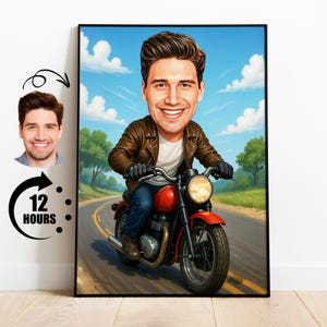 Regalo para motociclista, caricatura de motociclista personalizada a partir de una foto, dibujo divertido de una motocicleta, arte de motocicleta personalizado para él
