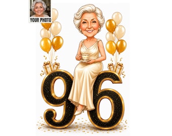 Custom 96th Birthday Caricature, Funny 96th Birthday Gift, 96 Birthday Cartoon Portrait, 96th Birthday Decorations, 96th Birthday Card