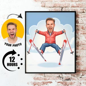 Geschenk für Skifahrer, benutzerdefinierte Skikarikatur vom Foto, lustige Skifahrer-Vater-Geschenkideen, männliches Ski-Karikatur-Zeichnungs-Porträt