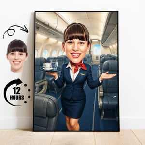 Gift for Flight Attendant, Custom Airline Caricature from Photo, Funny Stewardess Portrait, Personalized Cabin Crew Cartoon Art