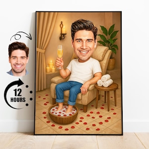 Lustige Spa-Karikatur vom Foto, entspannendes Cartoon-Porträt eines benutzerdefinierten Mannes mit Fußbad und Champagner, personalisiertes Selbstpflegegeschenk für ihn