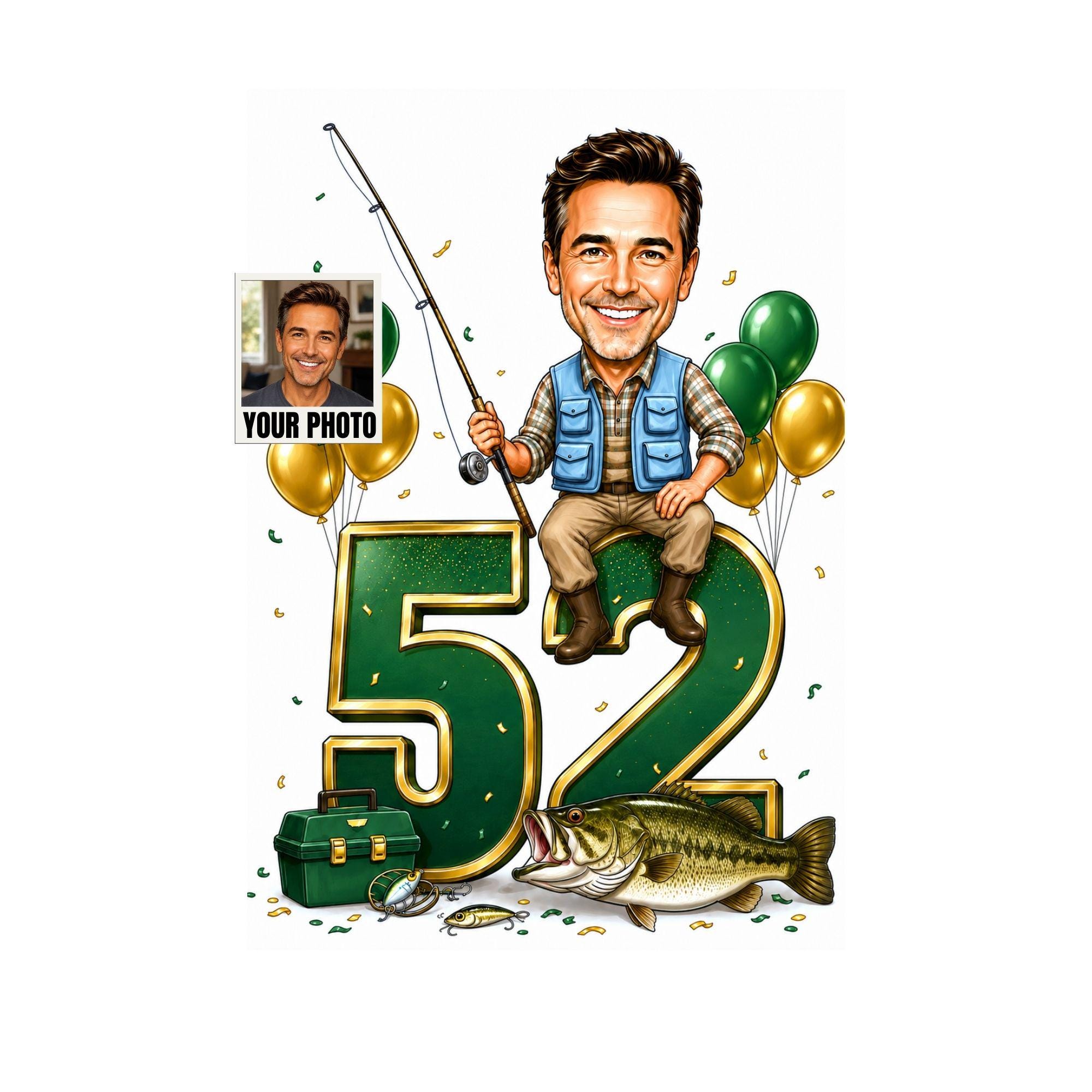 52nd Birthday Fishing Cartoon Portrait for Him from photo