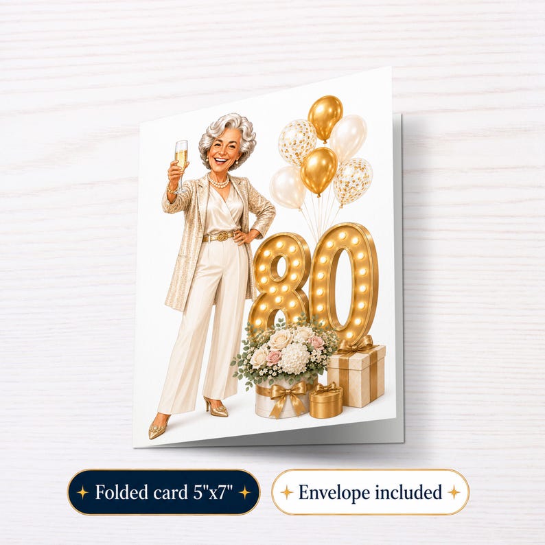 May include: A folded greeting card featuring an illustration of a smiling person in a cream suit holding a champagne glass. Large illuminated gold numbers 80 stand behind a floral arrangement and gift boxes, with gold and white balloons above.