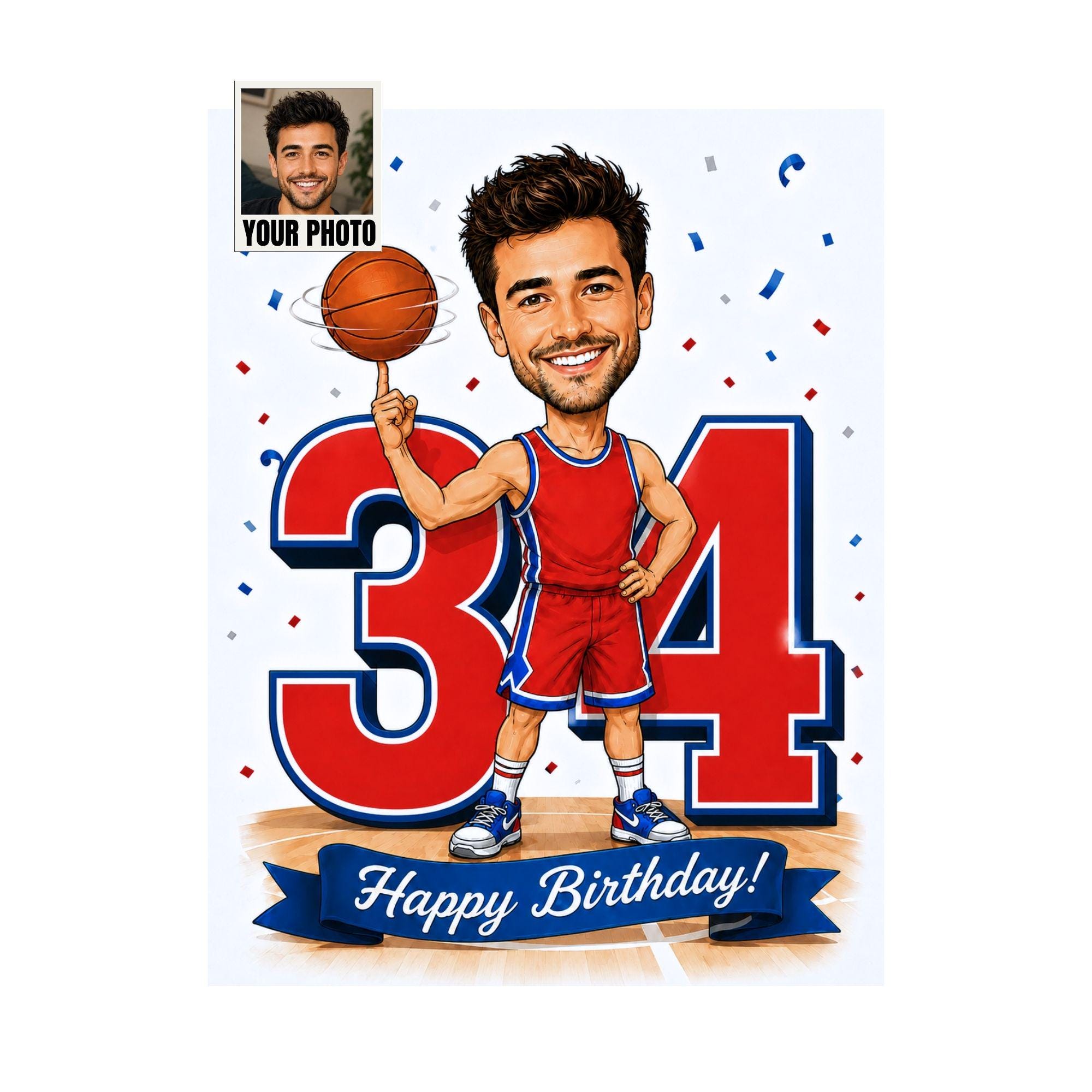 34th Birthday Basketball Cartoon Portrait for Him from photo