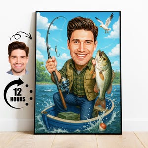 Regalo para pescador, caricatura de pesca personalizada a partir de una foto, divertida caricatura de pescador, dibujo personalizado de captura de lubina para hombre