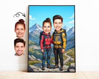 Caricatura de alpinista personalizada: regalo personalizado para pareja de excursionistas a partir de una foto, divertida obra de arte de aventura para bodas o aniversarios.