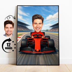 Retrato de Fórmula 1 masculino personalizado, regalo para un fan de la F1, regalo de Fórmula 1, caricatura de Fórmula 1, caricatura personalizada a partir de una foto, arte mural de Fórmula 1