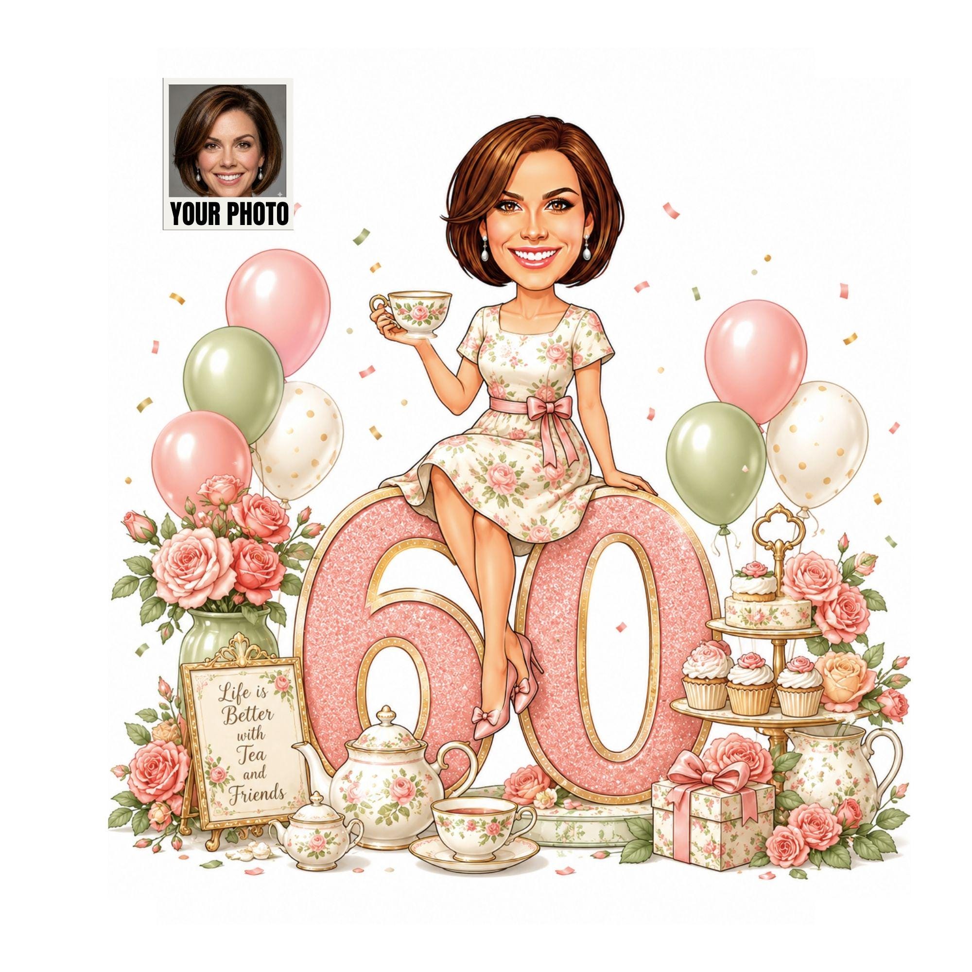 60th Birthday Tea Lover Cartoon Portrait for Her from photo