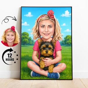 Yorkshire Terrier Girl cartoon Portrait, Yorkshire Terrier Girl gift, Custom Yorkie Girl caricature from photo, Yorkishire Terrier gift