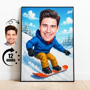 Regalo para snowboarder, caricatura de snowboard personalizada a partir de una foto, retrato divertido de deportes de invierno, caricatura personalizada de snowboarder