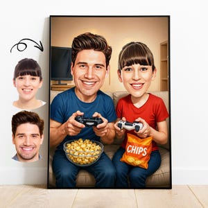 May include: A caricature illustration of a couple playing video games on a couch. The man is wearing a blue shirt and the woman is wearing a red shirt. They are both holding video game controllers and smiling. There is a bowl of chips in front of them.