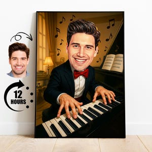 Regalo para pianista, caricatura de pianista personalizada a partir de una foto, retrato divertido de músico, dibujo animado de música clásica personalizado