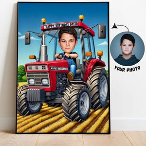 Personalized Tractor Cartoon Portrait - Custom Birthday Gift for Kids, Unique Tractor Art, Massey Ferguson Poster, Custom Face Artwork Print