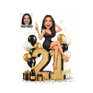 May include: A cartoon illustration of a person with long brown hair wearing a black sequined dress, sitting on a large gold glittery number 21. The scene includes black and gold balloons, a champagne bottle, gift boxes, and confetti.