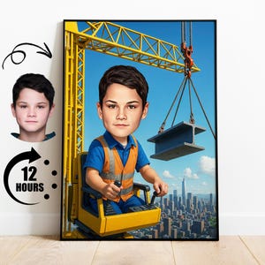 Personalisierter Kranführer Jungen Cartoon, Bau Geburtstagsgeschenk für Jungen, Skyline Fahrer Porträt für Kinder, Jungenbauer Karikatur