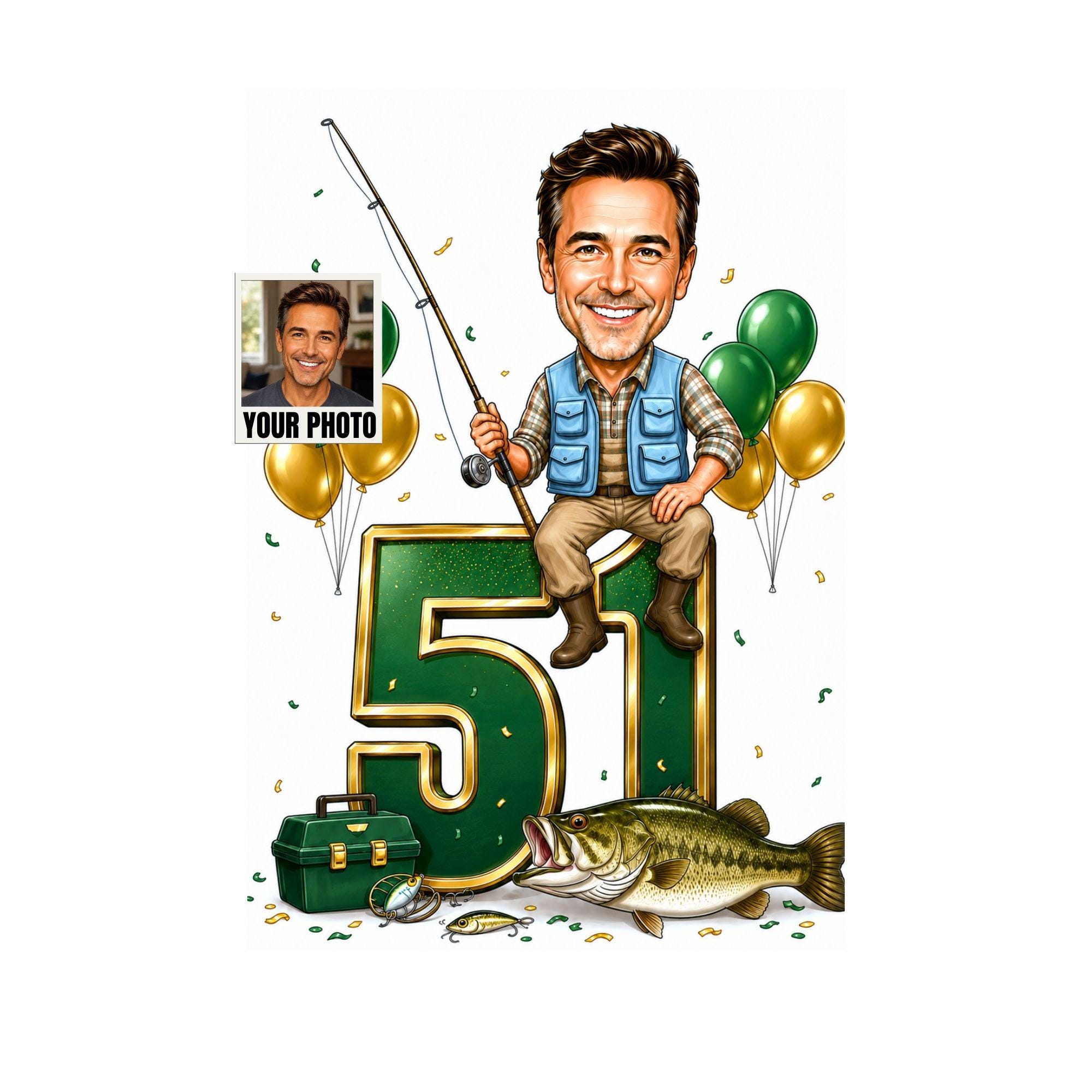 51st Birthday Fishing Cartoon Portrait for Him from photo
