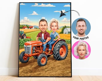 Retrato personalizado de pareja de agricultores: caricatura personalizada en un tractor a partir de tus fotos