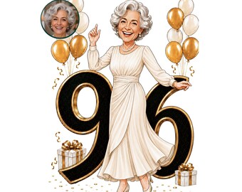 96th Birthday Caricature for Woman, 96th Birthday Card, 96th Birthday Woman Cartoon Portrait, 96th Birthday Gift for Her, 96th Portrait