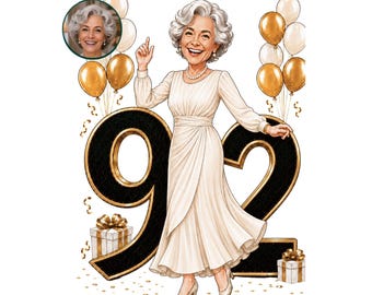 92nd Birthday Caricature for Woman, 92nd Birthday Card, 92nd Birthday Woman Cartoon Portrait, 92nd Birthday Gift for Her,  92nd Portrait