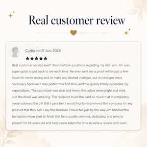 May include: A digital graphic displaying a real customer review from Curtis dated June 7, 2026. The text features a five-star rating and a detailed testimonial praising customer service, card stock quality, and vivid colors, set against a light background.