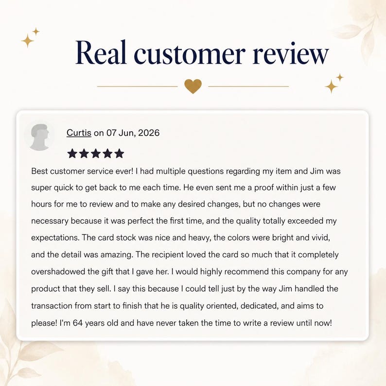 May include: A digital graphic displaying a real customer review from Curtis dated June 7, 2026. The text features a five-star rating and a detailed testimonial praising customer service, card stock quality, and vivid colors, set against a light background.