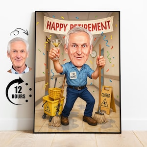 Geschenk für Hausmeister, lustige Reiniger-Ruhestandkarikatur vom Foto, personalisierte Reiniger-Karikatur, vergnügte Hausmeister-Raumdekoration