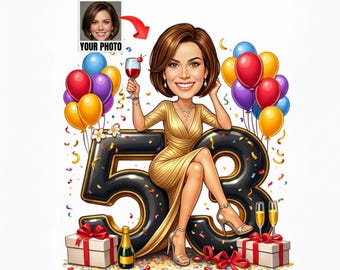 Custom 53rd Birthday Caricature, Funny 53rd Birthday Gift, 53 Birthday Cartoon Portrait, 53rd Birthday Decorations, 53rd Birthday Card