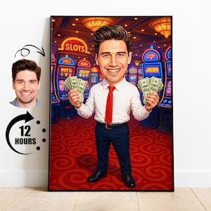 Caricatura personalizzata del vincitore del casinò da foto, ritratto divertente dei cartoni animati con denaro, regalo personalizzato di Las Vegas, regalo divertente per i giocatori d'azzardo