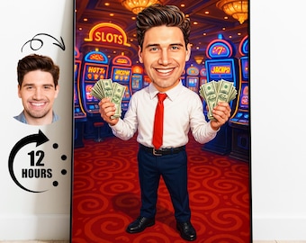 Custom Gambler Cartoon Portrait, Casino Portrait, Gift for Gambler, Custom Cartoon, Gambler Caricature from Photo, Casino Caricature