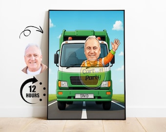 Garbage Truck Driver Cartoon Portrait, Gift for Garbage Collector, Personalized Truck Driver Caricature from Photo, Custom Garbage Truck