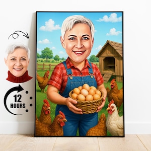 Regalo per gli amanti dei polli, caricatura di un contadino personalizzata da una foto, ritratto divertente di un allevatore di galline, cartone animato personalizzato di un pollo da cortile