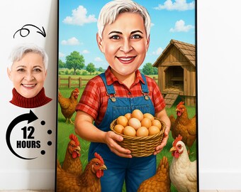 Personalized Chicken Farmer Cartoon Portrait, Custom Chicken Owner Caricature Drawing from Photo, Funny Chicken Farmer Caricature Gift